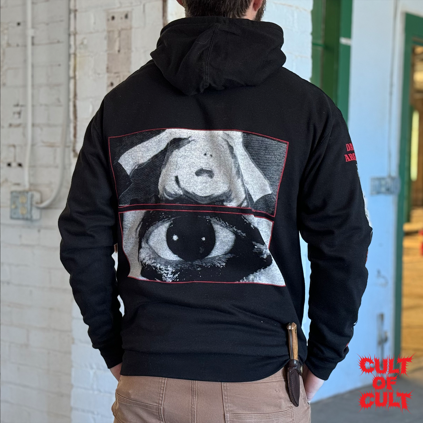 A model wearing the Deep Red Profondo Rosso hoodie, shown from the back.