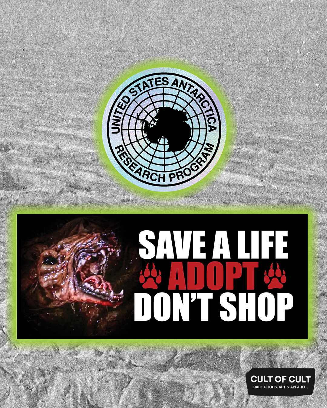 Two stickers on a textured gray background: one with a logo and text, the other with a creature graphic and text.
