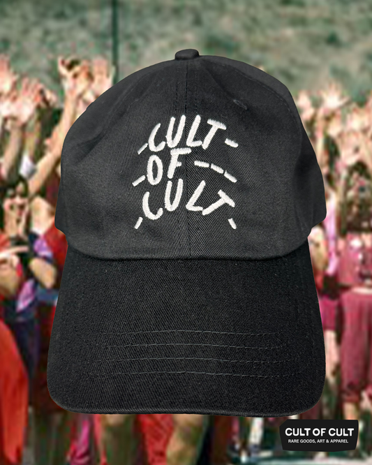 a close up view of the front of the black Cult of Cult hat