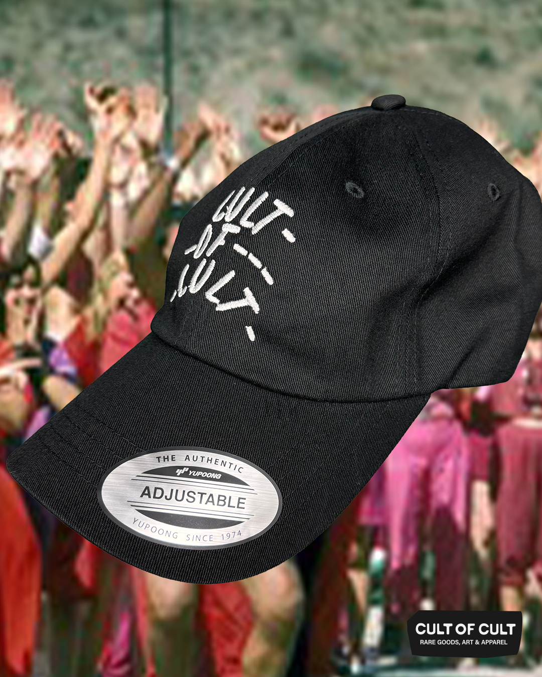 a side view of the front of the black Cult of Cult hat