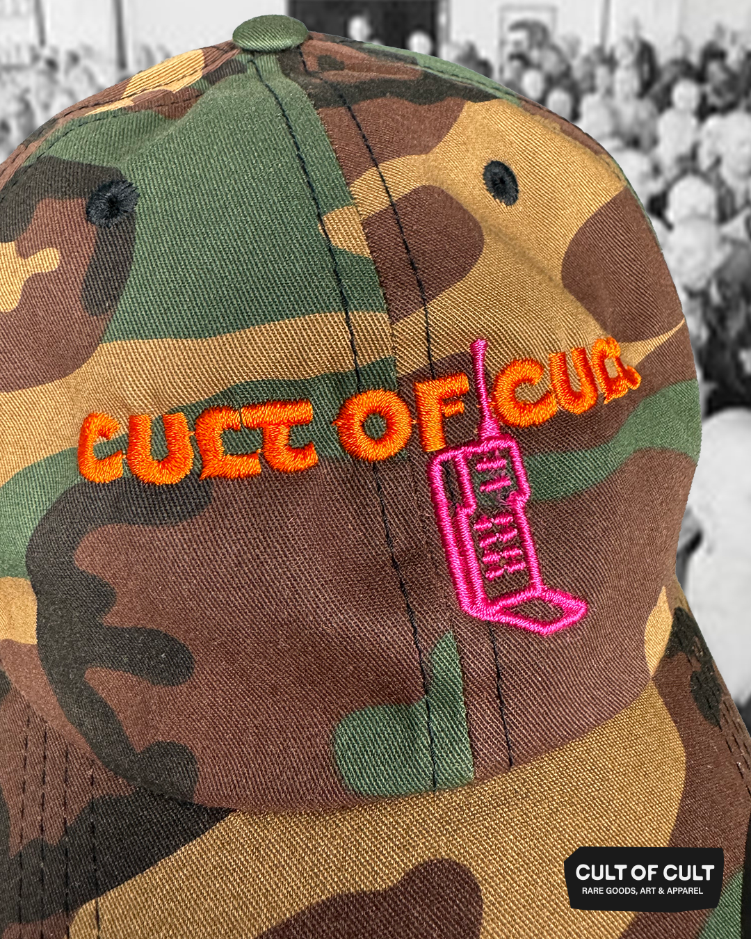 a close up detailed view of the camo Cult of Cult hat