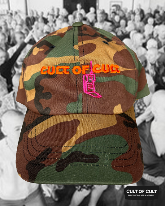 the front view of the camo Cult of Cult hat