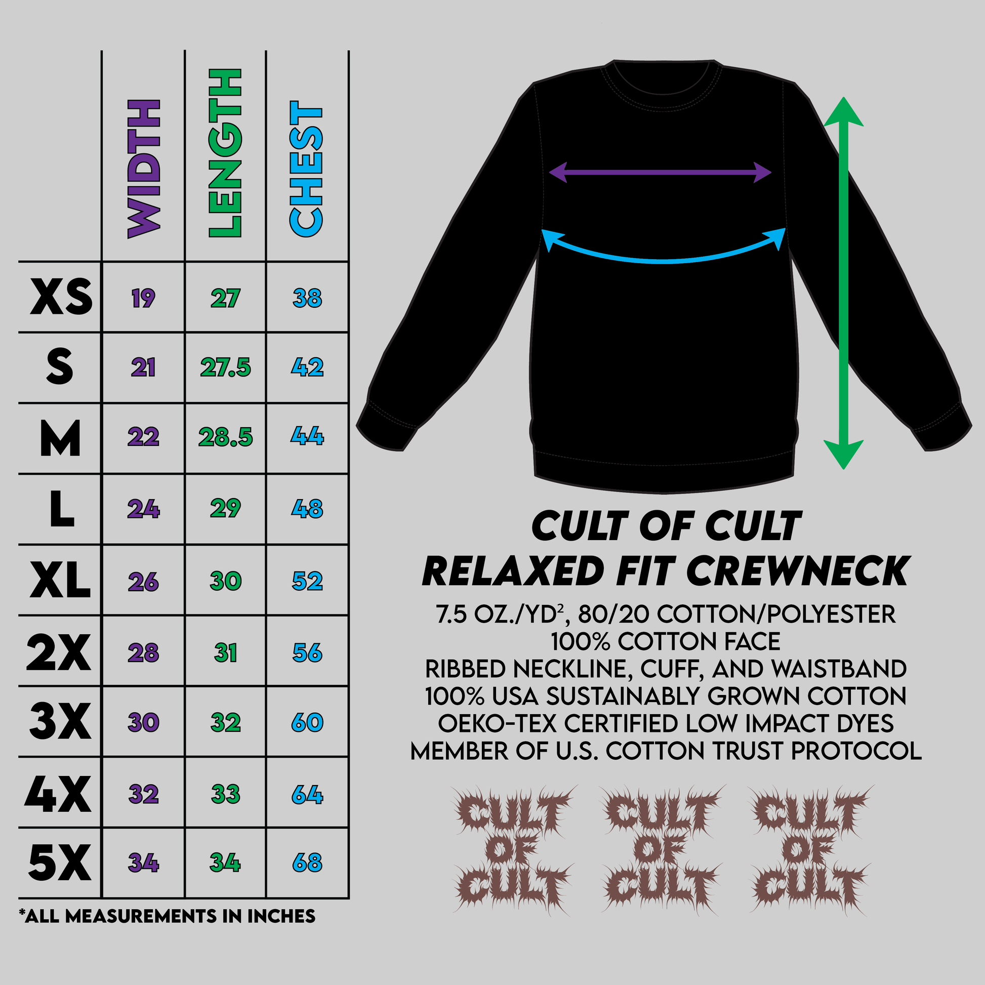 Cult of Cult crewneck sweatshirt sizing chart