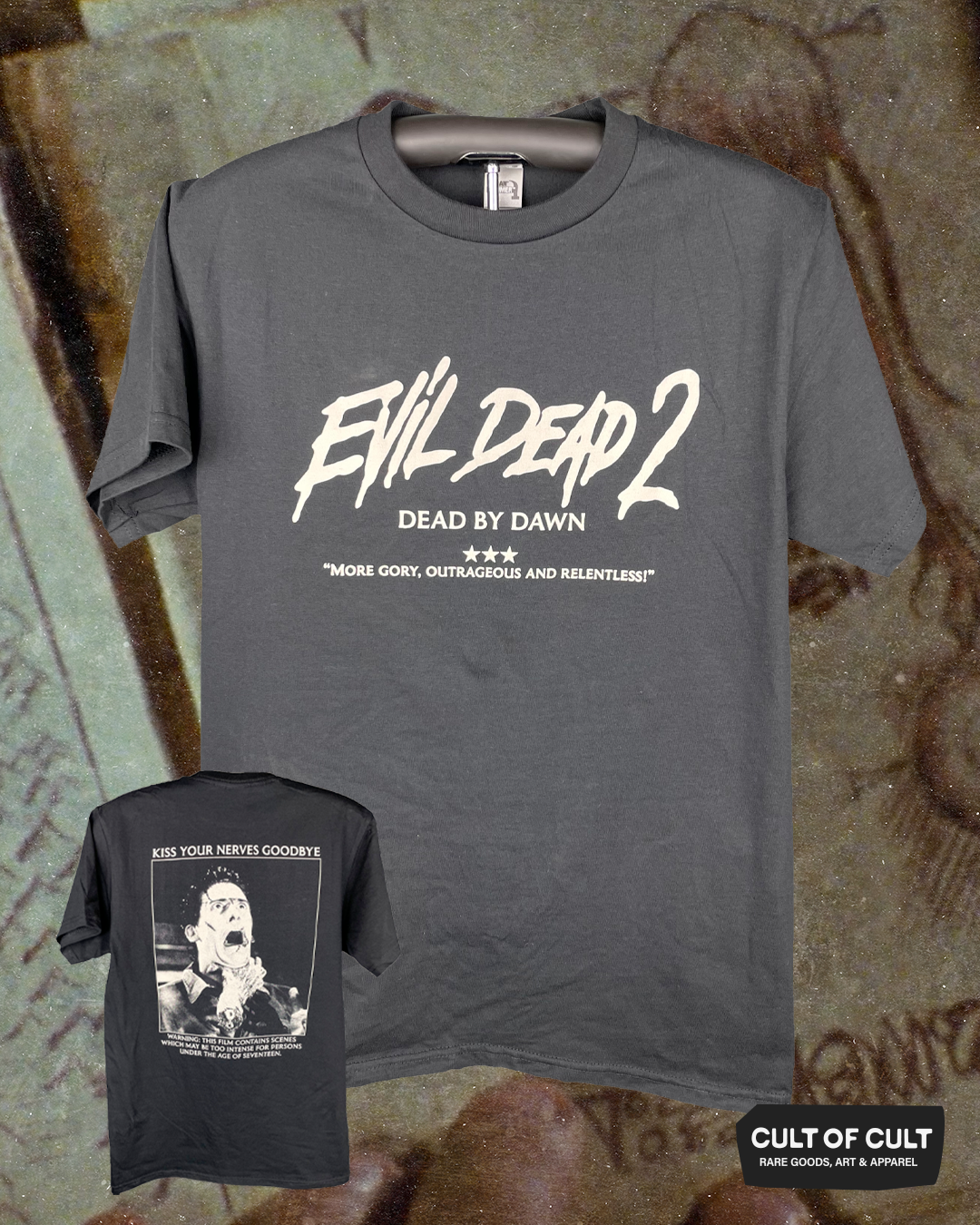 the front and back of the black of the Evil Dead 2 short sleeve shirt