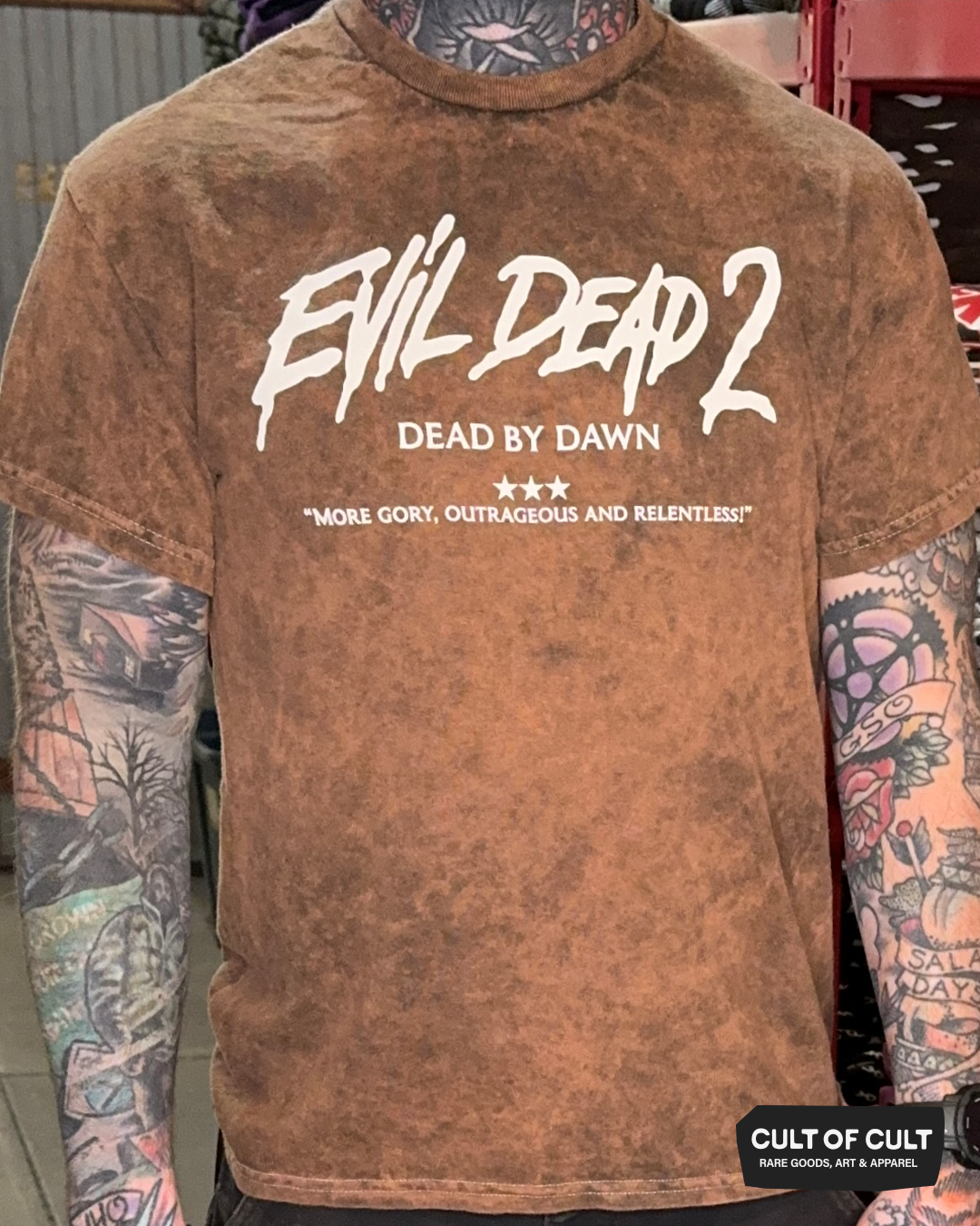 a model wearing the mineral wash Evil Dead 2 short sleeve shirt