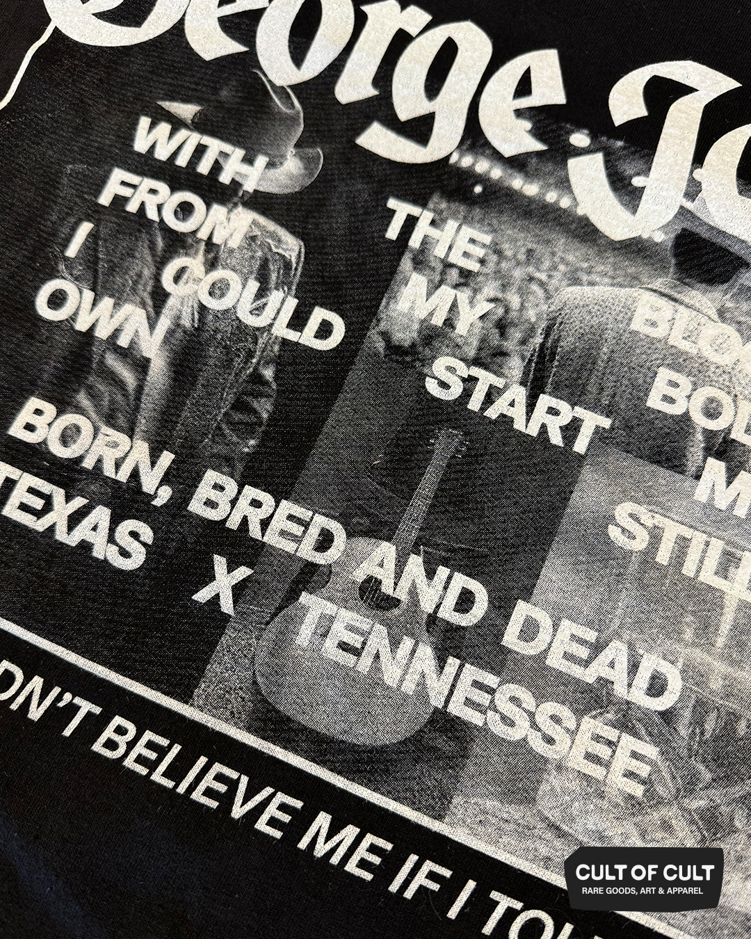 a detailed zoom in of the George Jones Born Bred and Dead black short sleeve shirt