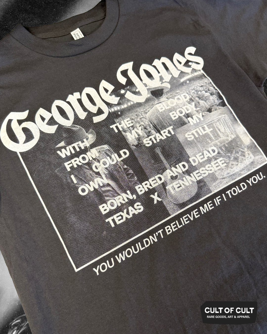 a detailed view of the George Jones Born Bred and Dead black short sleeve shirt
