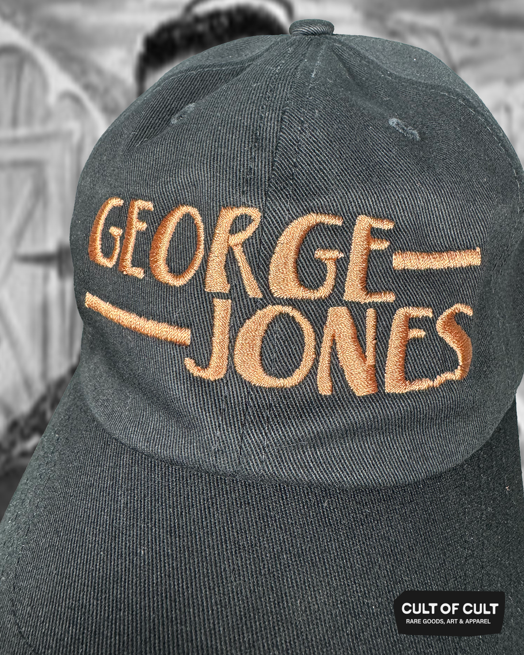 a close up detailed view of the George Jones black dad hat