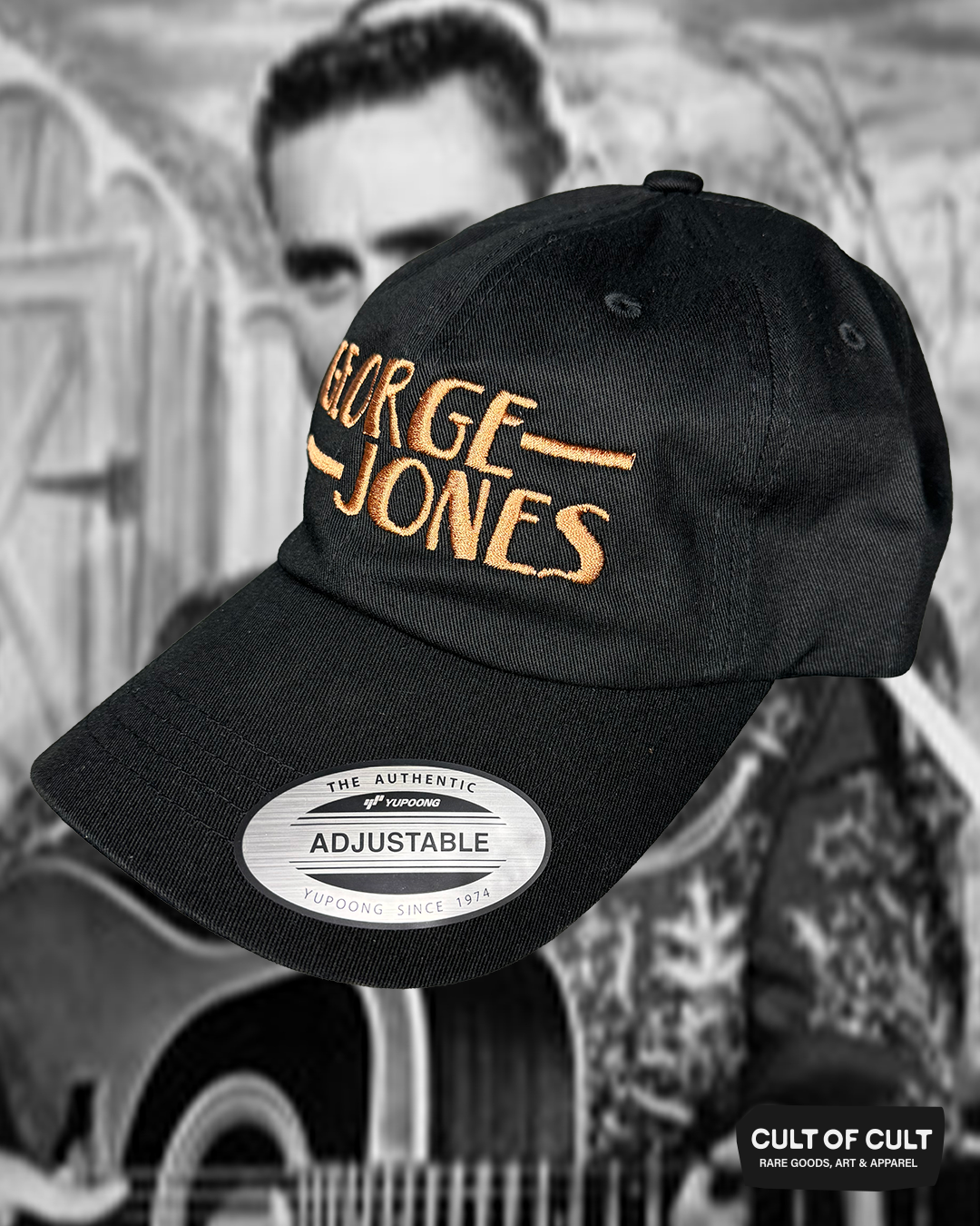 the side view of the George Jones black dad hat