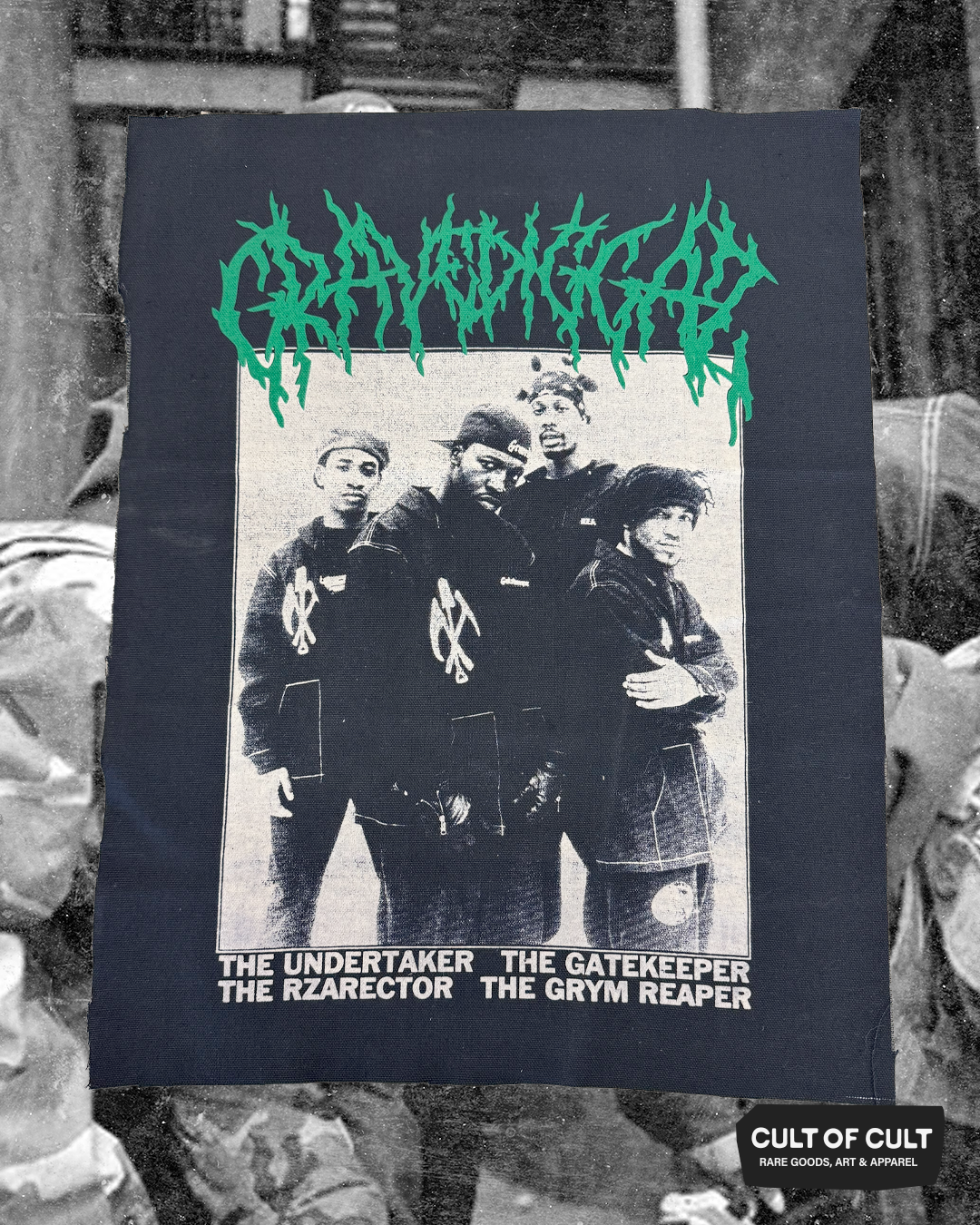 The front view of the Gravediggaz black back patch