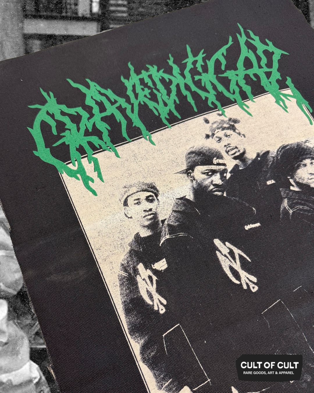 a detailed close up view of the Gravediggaz black back patch