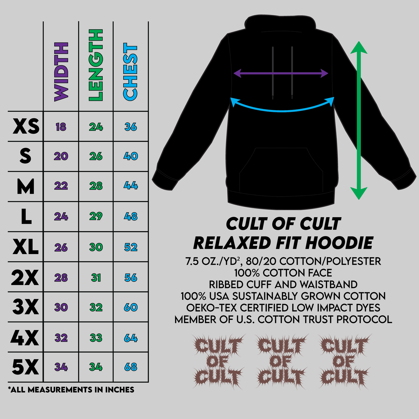 Sizing chart for Cult of Cult hoodies.