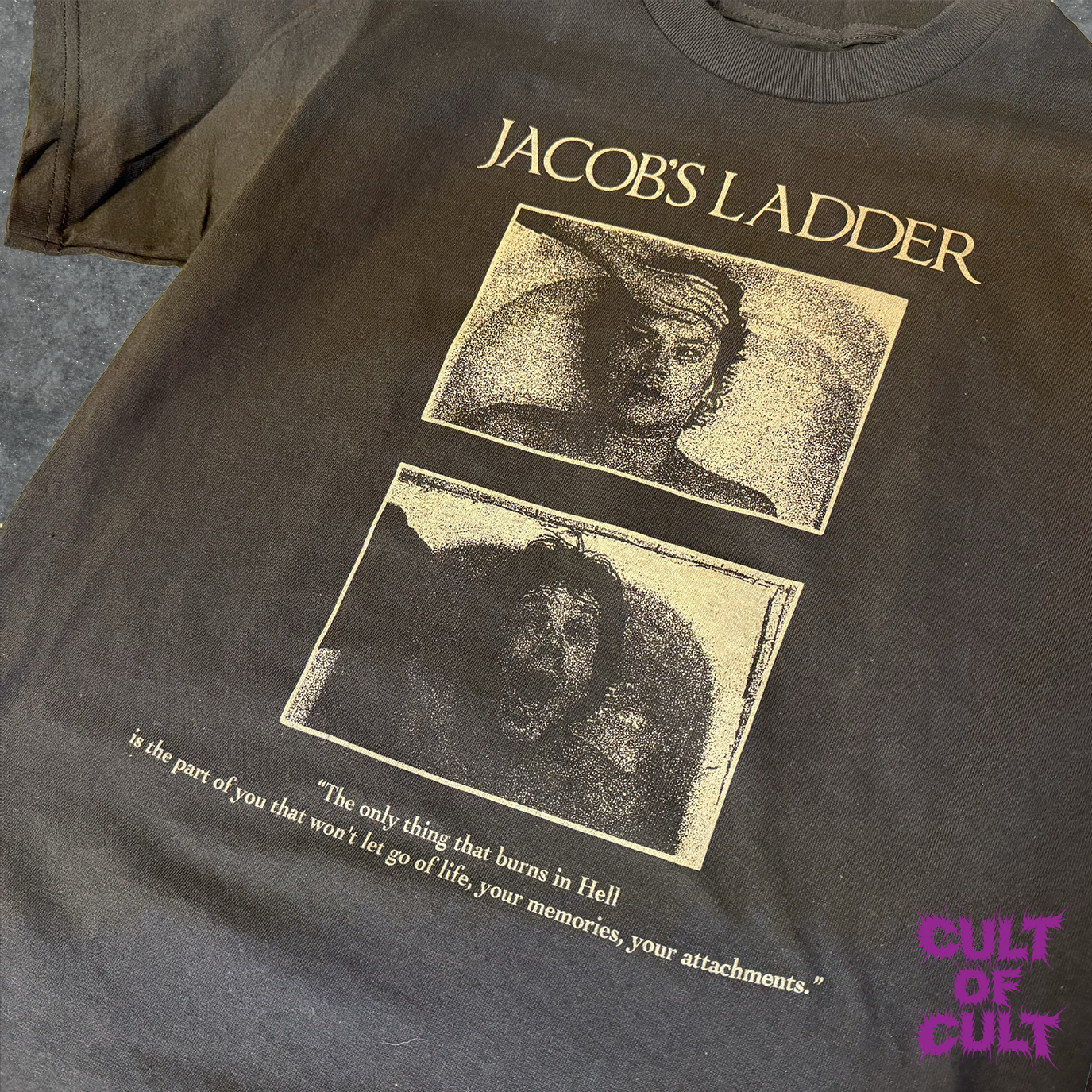 A zoomed in shot of the entire front of the Jacob's Ladder short sleeve shirt