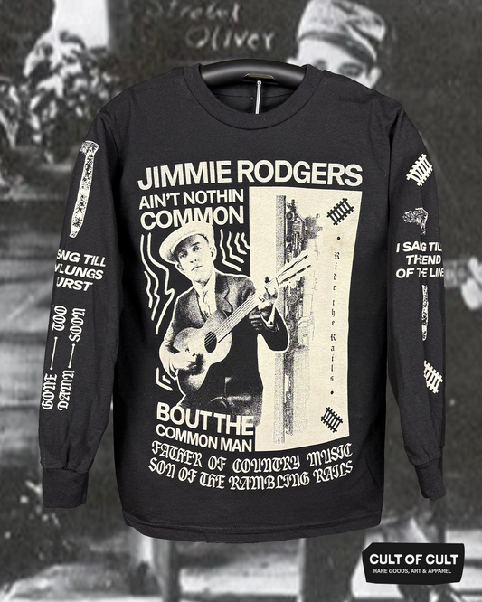 The front view of the Jimmie Rodgers black long sleeve shirt