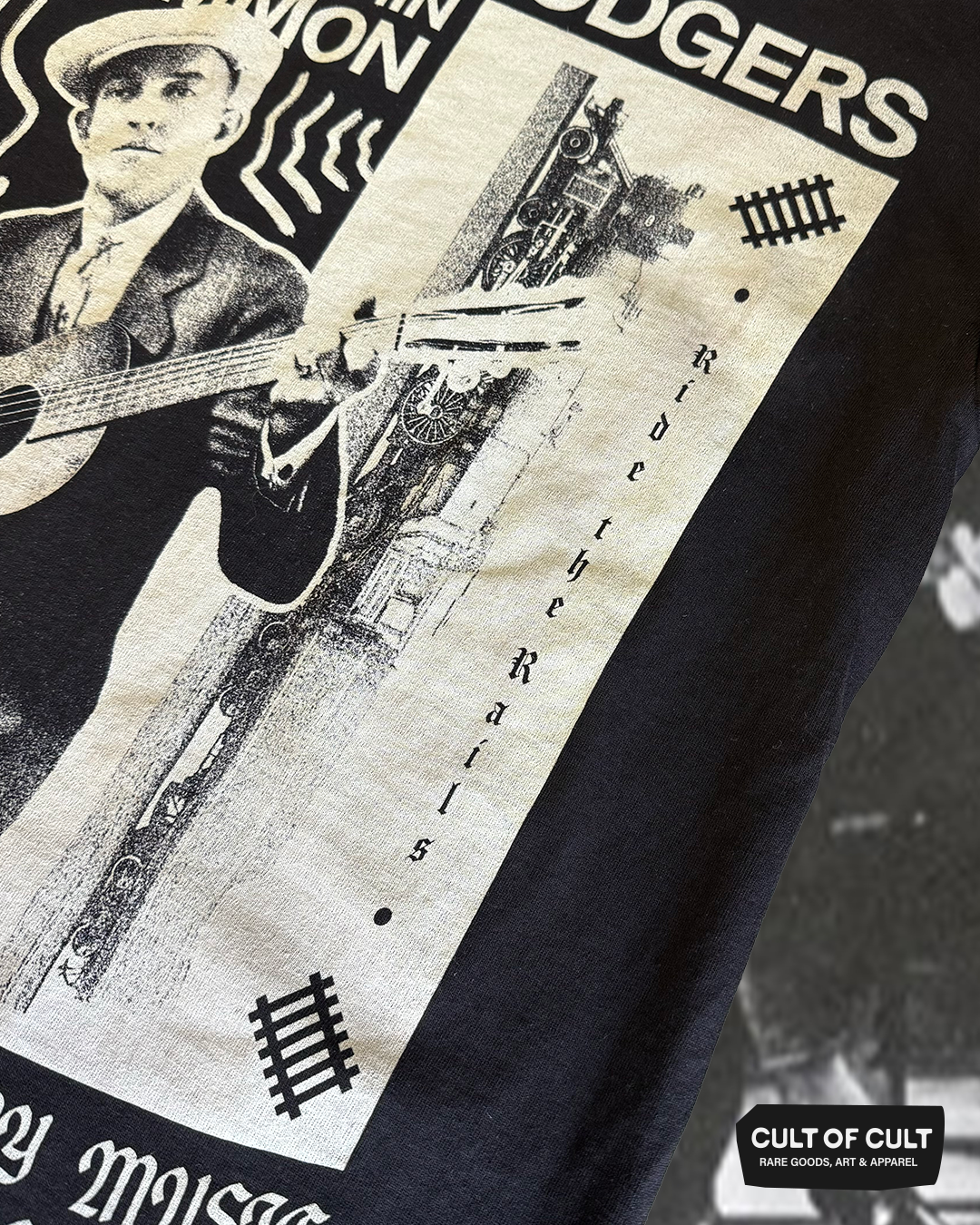 a close up detailed shot of the Jimmie Rodgers black long sleeve shirt