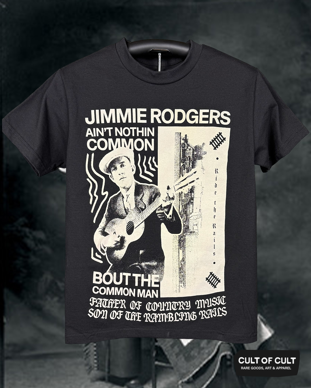 a front view of the Jimmie Rodgers black short sleeve shirt