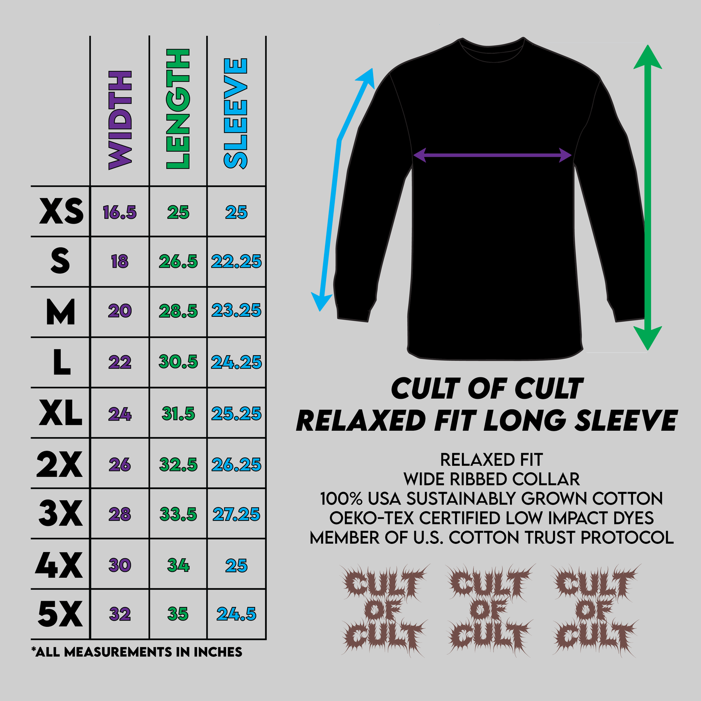 Cult of Cult long sleeve shirt sizing chart