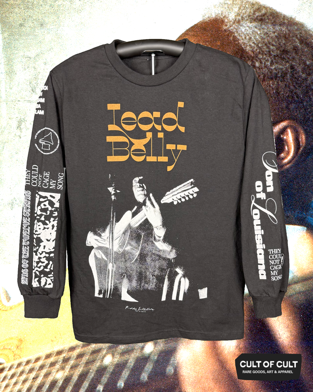 A front view of the black long sleeve Lead Belly shirt
