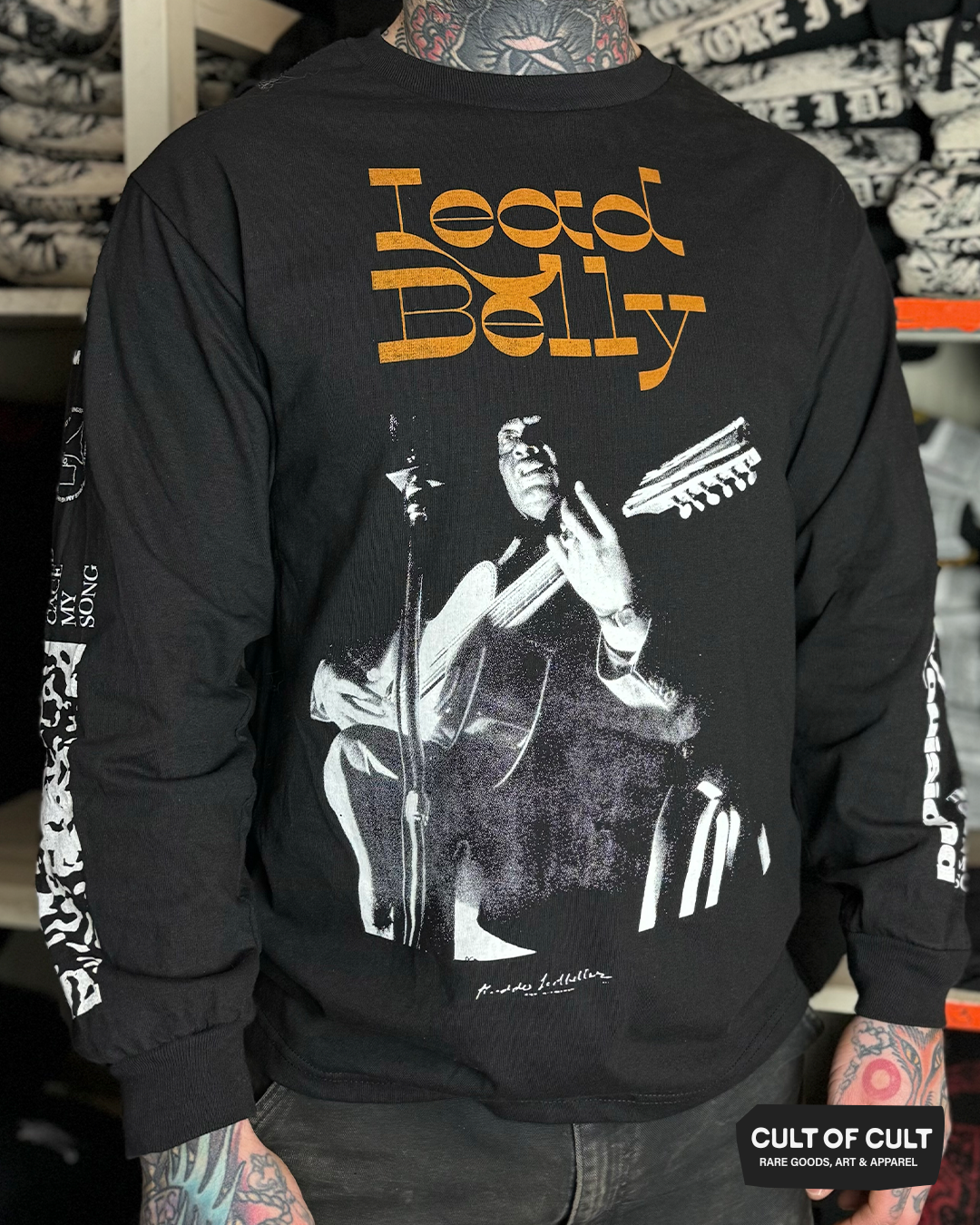 a model view of the black long sleeve Lead Belly shirt