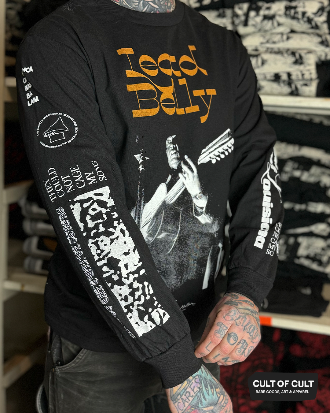 a model view of the black long sleeve Lead Belly shirt