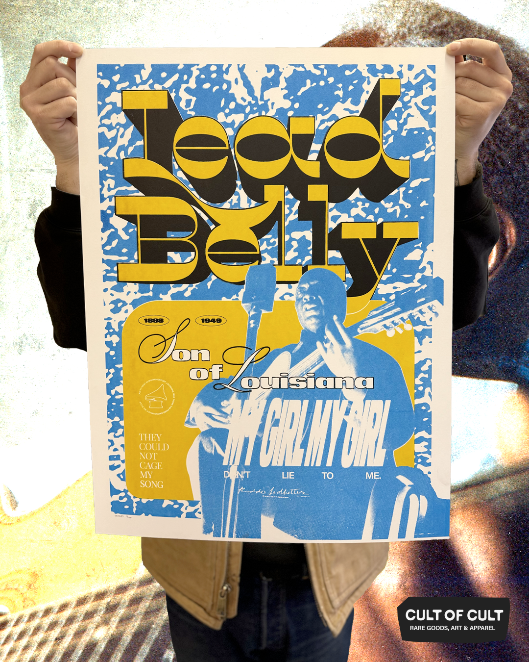 a front view of the Lead Belly hand screen printed poster
