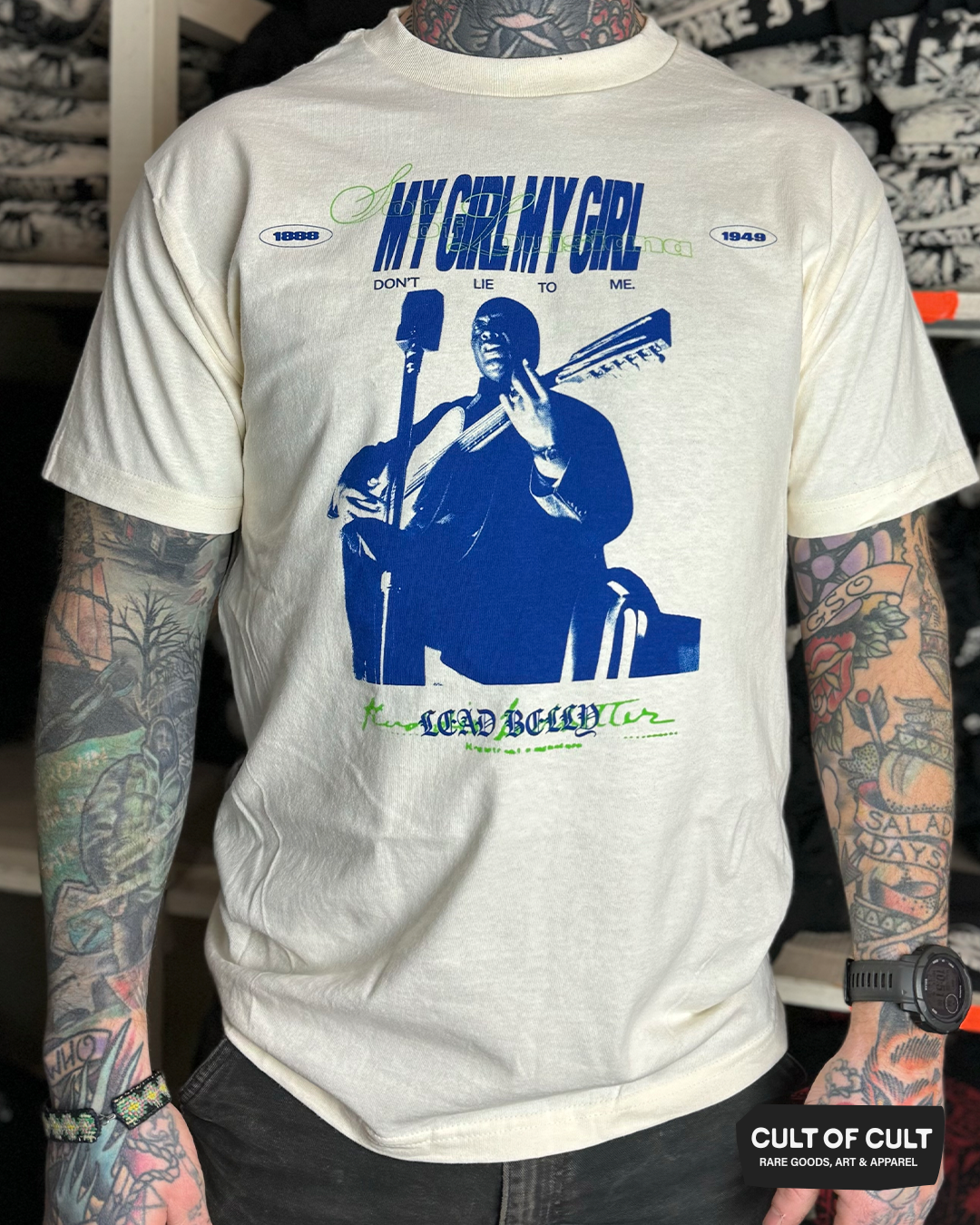 a model view of the cream Lead Belly short sleeve shirt