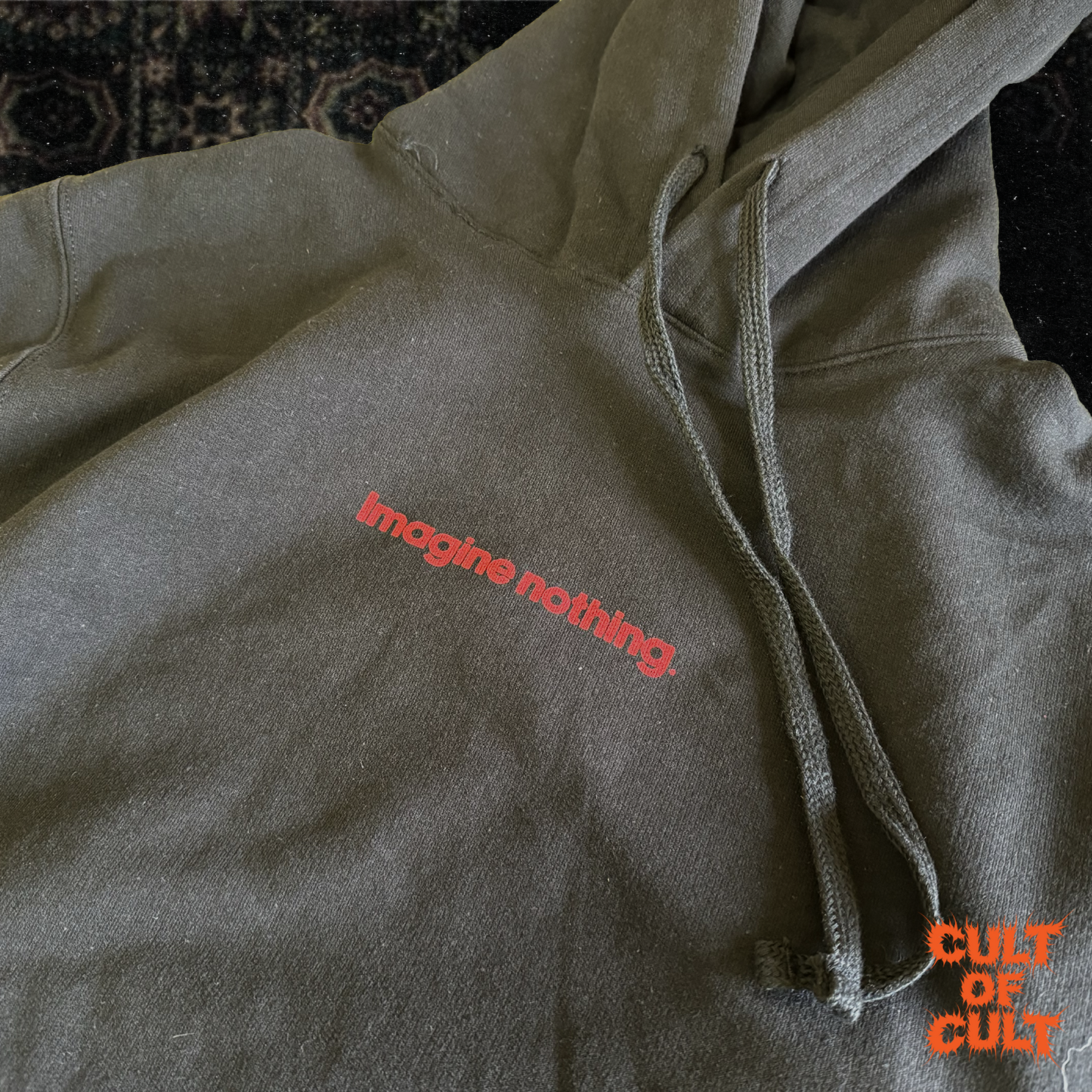 A detailed view of the front of the Oldboy 2003 hoodie that reads Imagine Nothing.