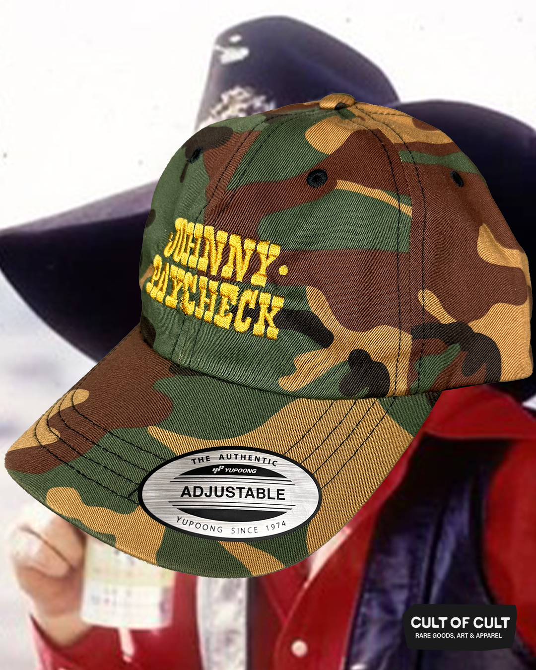 a front and side view of the camo Johnny Paycheck hat