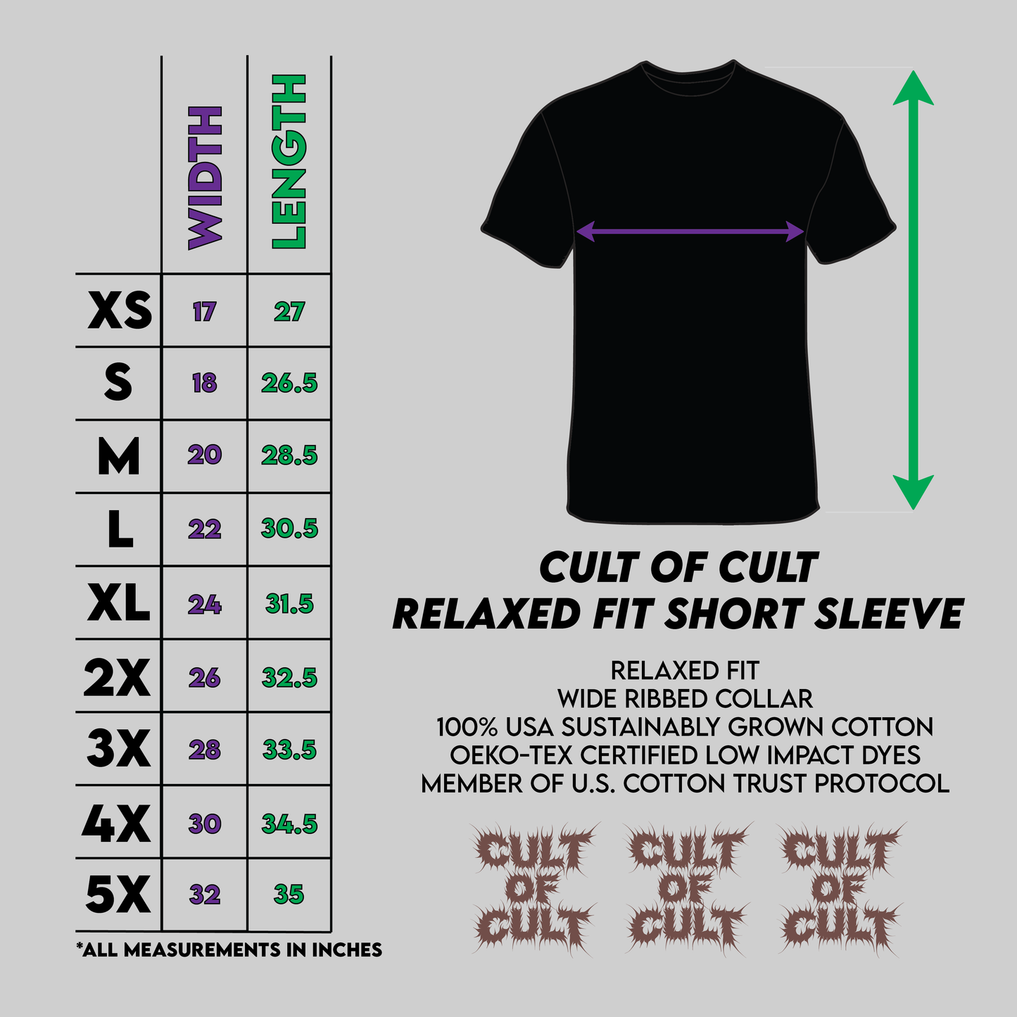 Cult of Cult sizing chart for T-Shirts