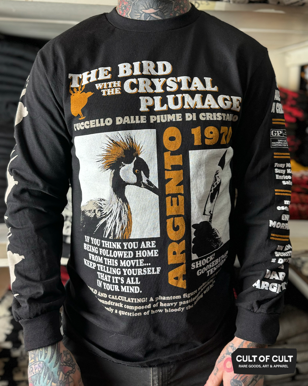 A model wearing The Bird with the Crystal Plumage black long sleeve shirt