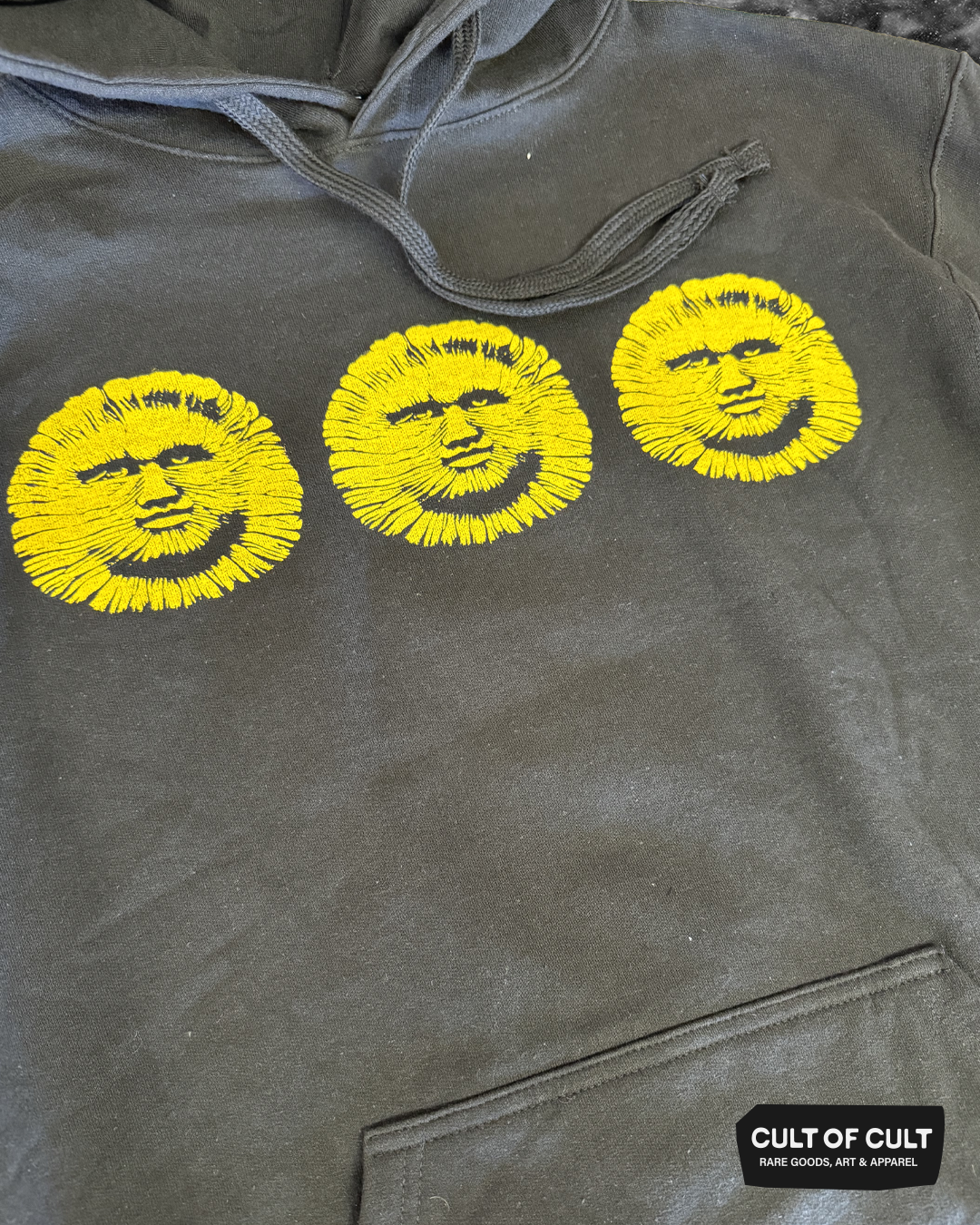 a zoomed in detailed view of the front of The Wicker Man 1973 black hoodie