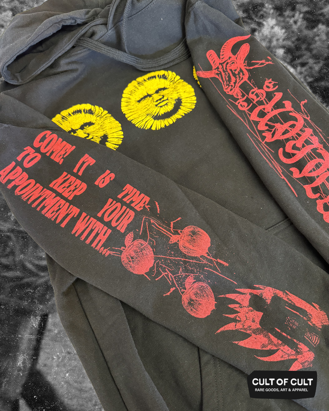 a detailed view of both sleeves of The Wicker Man 1973 black hoodie