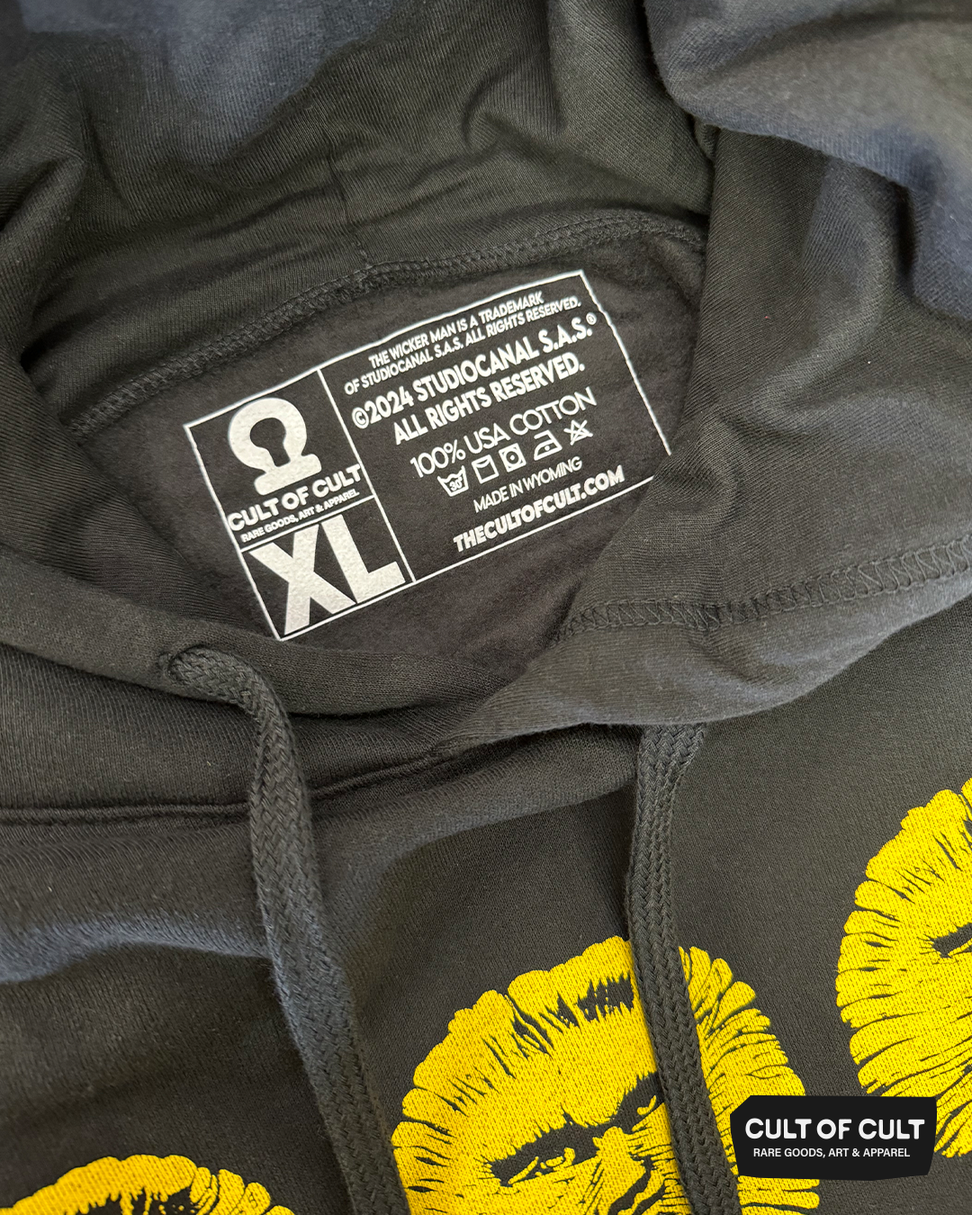 the tag print on the inside of The Wicker Man 1973 black hoodie