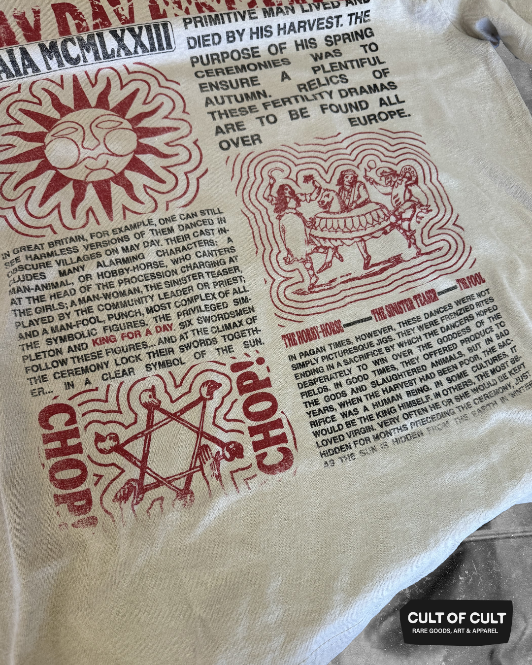 a detailed view of the front of the sand colored Wicker Man 1973 long sleeve t shirt