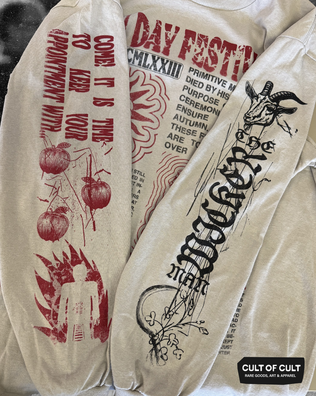 a detailed view of both sleeves of the sand colored Wicker Man 1973 long sleeve t shirt