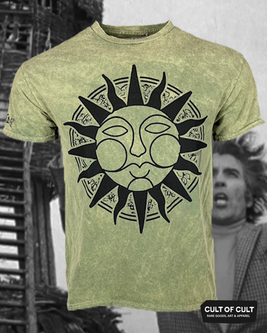 The front view of the Kale mineral wash Wicker Man 1973 short sleeve t shirt
