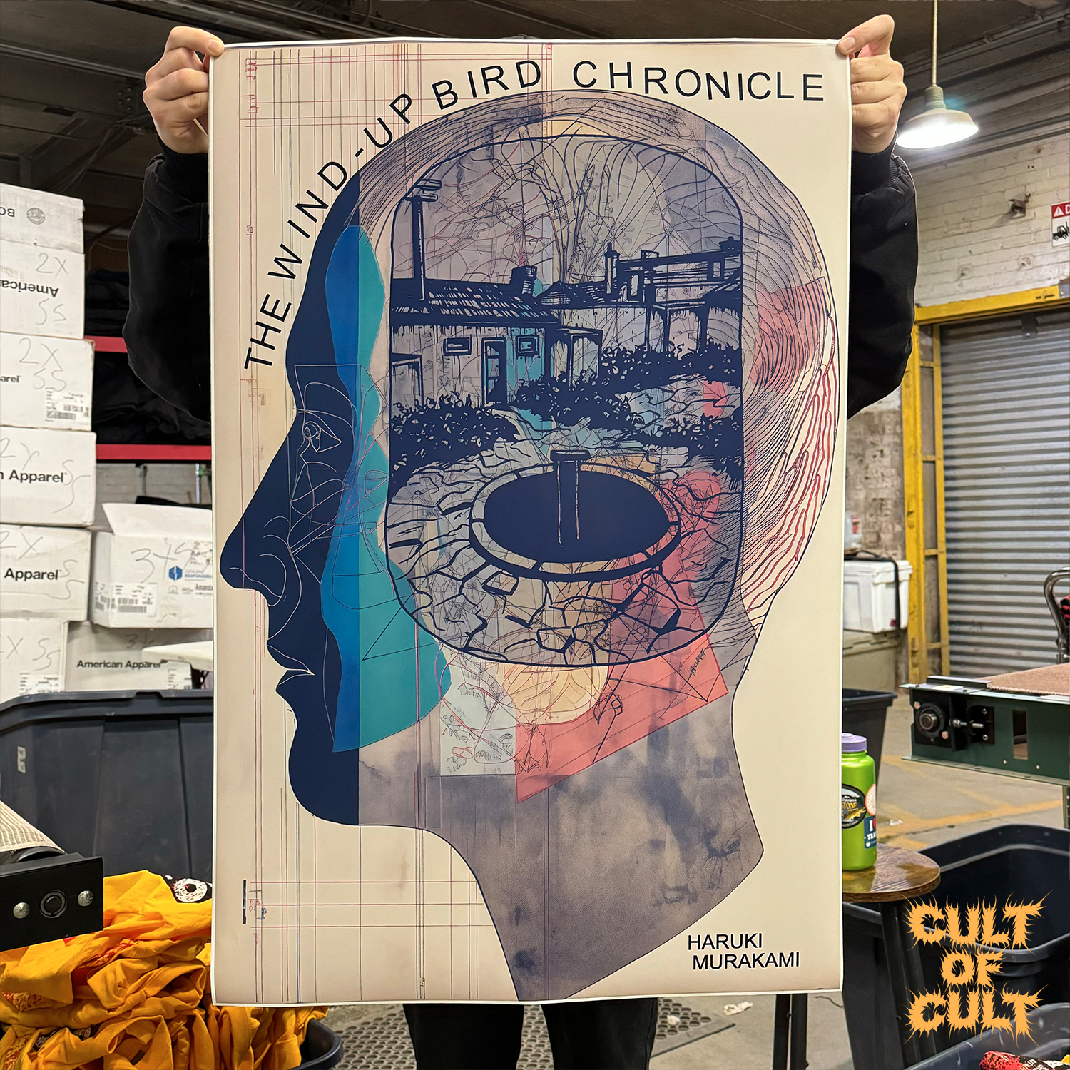 The Wind-Up Bird Chronicle digital poster being held up, the size is 24x36