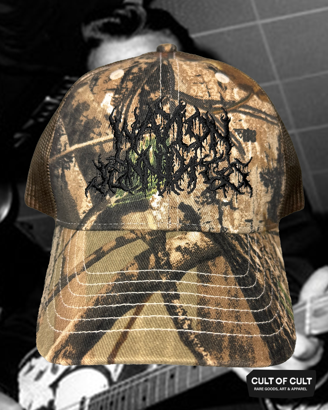 The front of the black and brown Waylon Jennings trucker hat