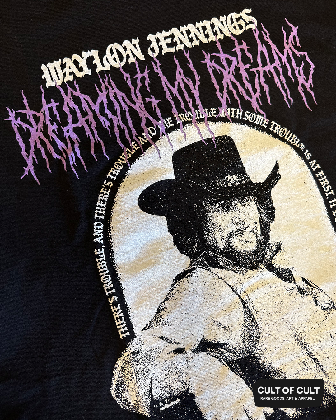 Waylon Jennings Dreaming My Dreams Short Sleeve Close Up View of Print