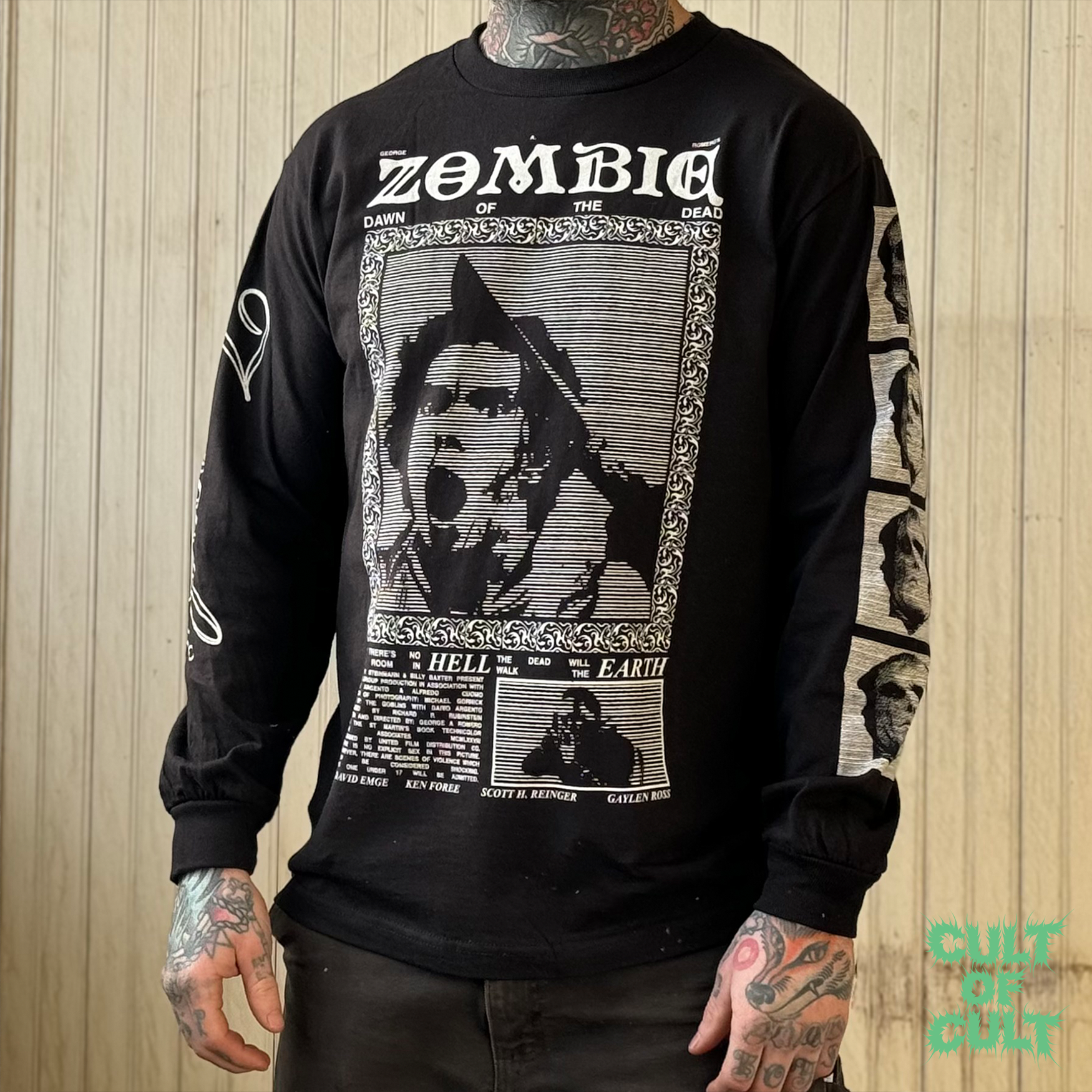 a model wearing the black Zombie Dawn of the Dead 1978 long sleeve shirt pictured from the front