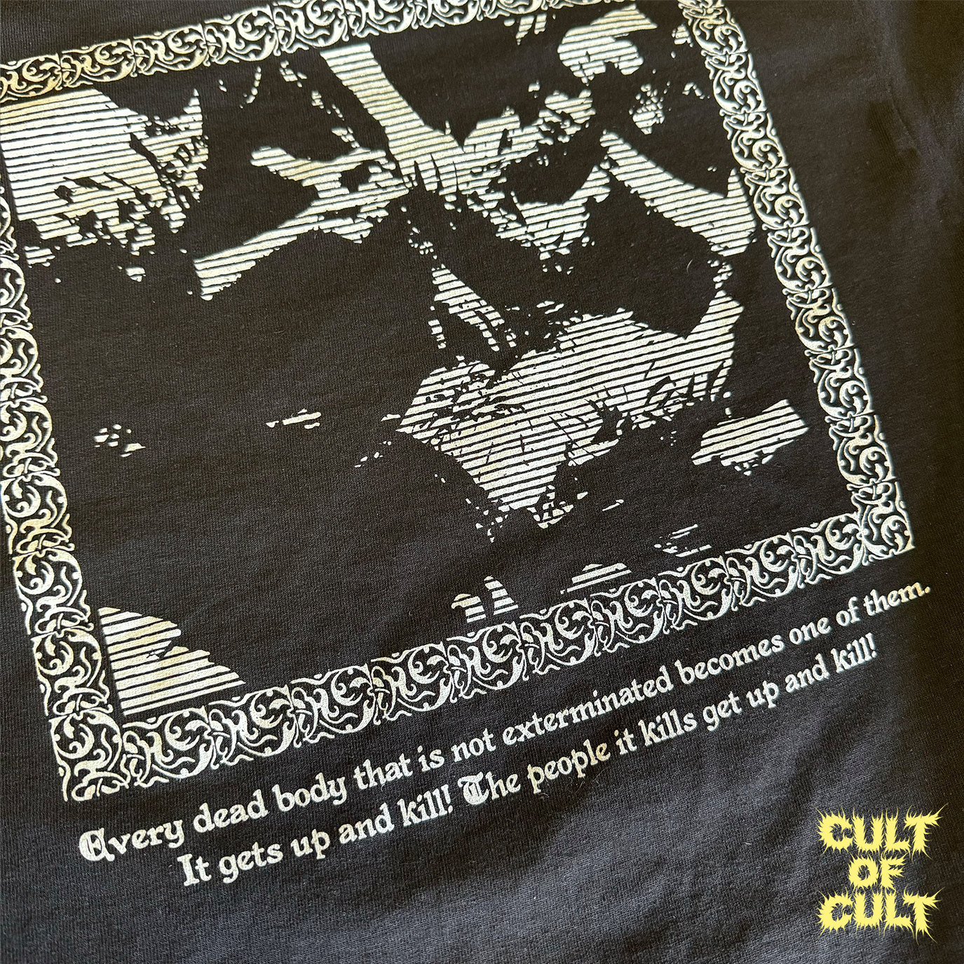 A detailed shot of the back of the black Zombie Dawn of the Dead 1978 short sleeve shirt