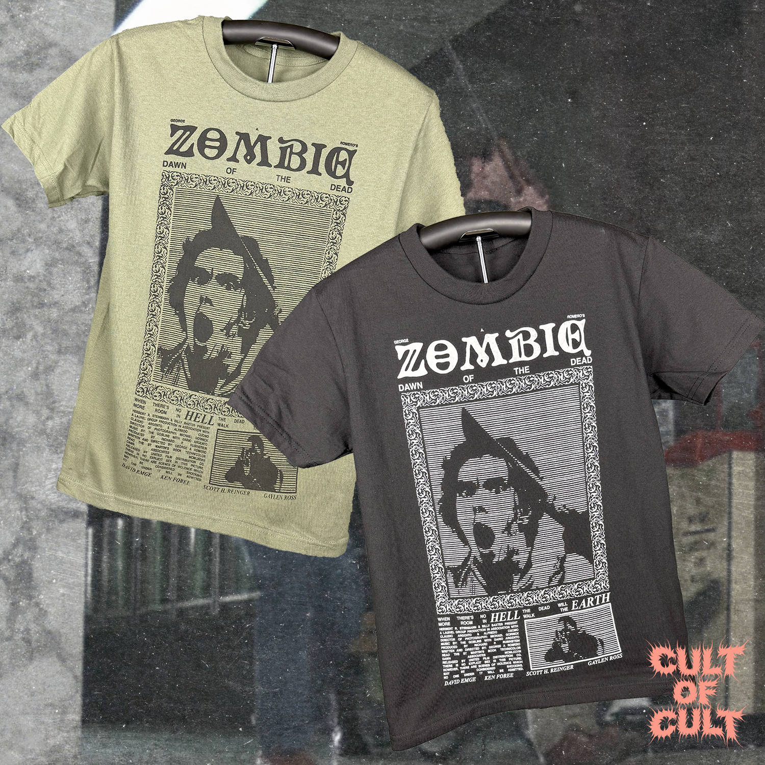 Both color options for the Zombie Dawn of the Dead 1978 short sleeve shirt