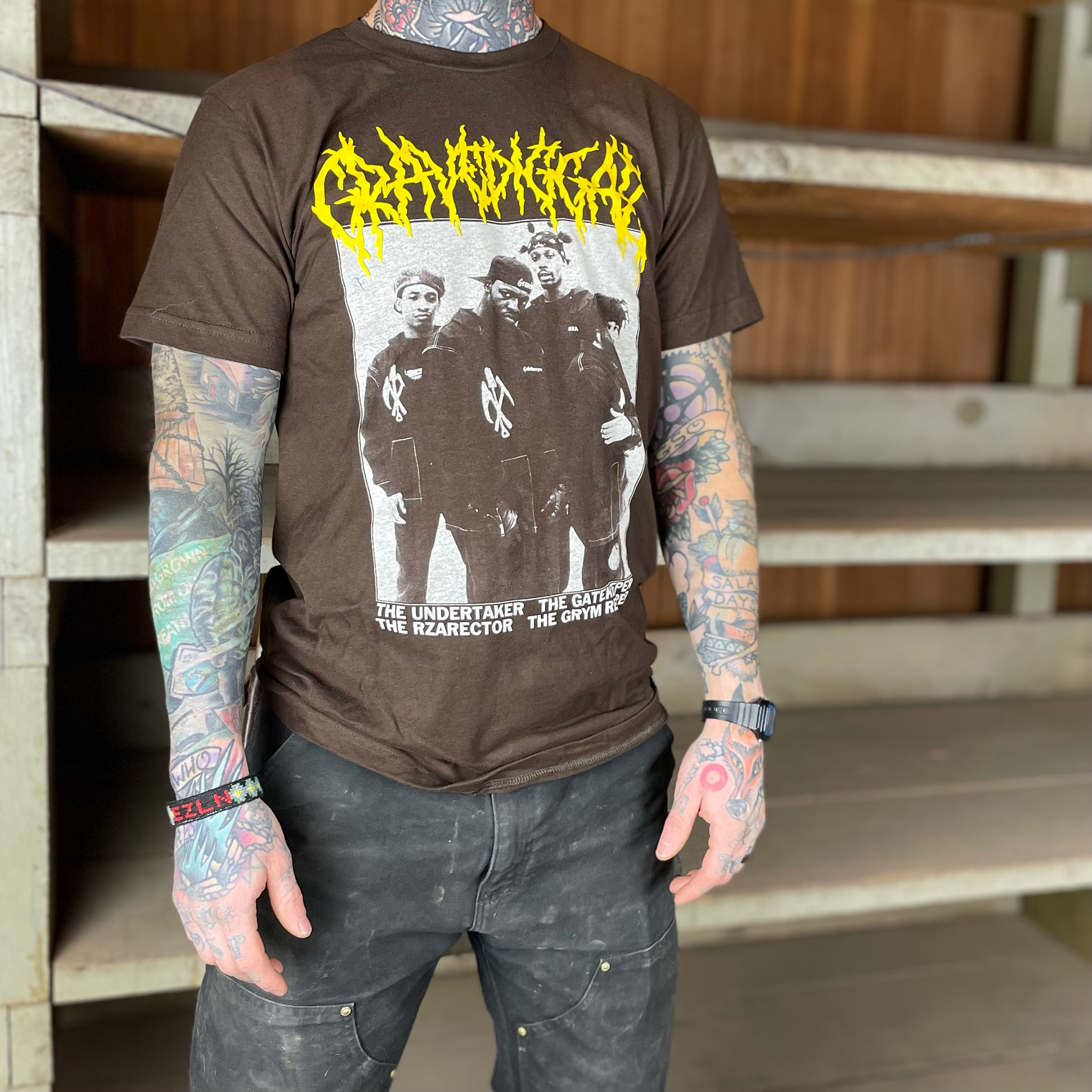 Gravediggaz Brown Tee Model Front